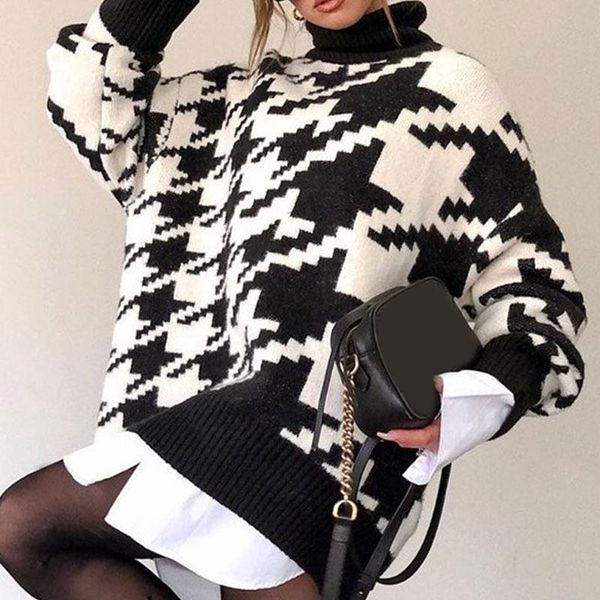 women's sweaters women autumn houndstooth knit sweater turtleneck long sleeve loose retro lady pullover winter female knitted jumper 20, White;black
women's sweaters women autumn houndstooth knit sweater turtleneck long sleeve loose retro lady pullover winter female knitted jumper 20, White;black