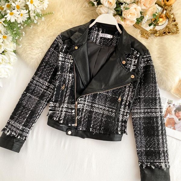 women's jackets mumuzi motorcycle jacket female 2021 design sense tweed stitching pu coat short plaid outwear, Black;brown
women's jackets mumuzi motorcycle jacket female 2021 design sense tweed stitching pu coat short plaid outwear, Black;brown