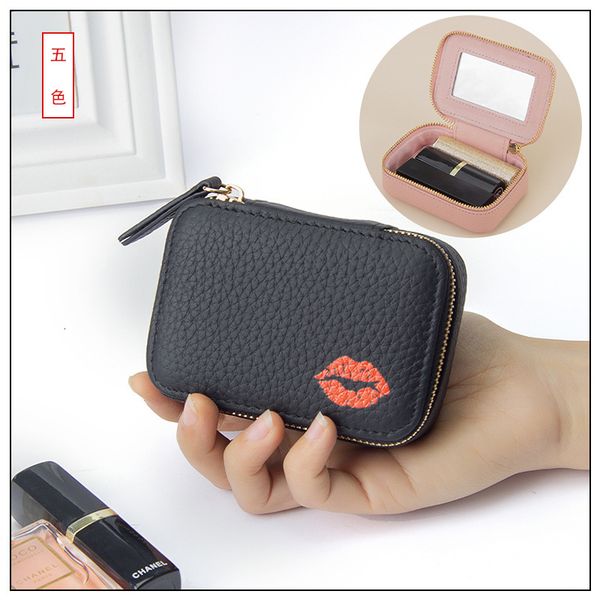 leather mini mouth red portable makeup bag with mirror