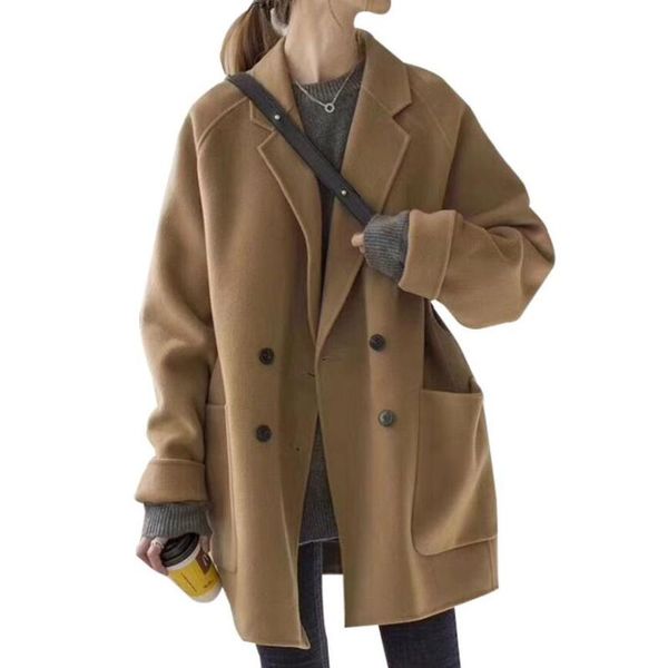 women's wool & blends autumn winter medium long loose double breasted woolen coat women, Black
women's wool & blends autumn winter medium long loose double breasted woolen coat women, Black