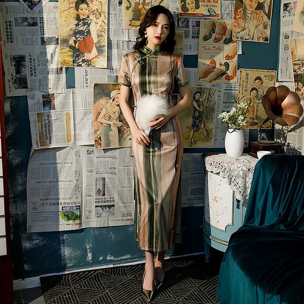 women short sleeve striped printed cheongsam novelty vintage chinese mandarin collar qipao evening party dress vestidos, Red
women short sleeve striped printed cheongsam novelty vintage chinese mandarin collar qipao evening party dress vestidos, Red