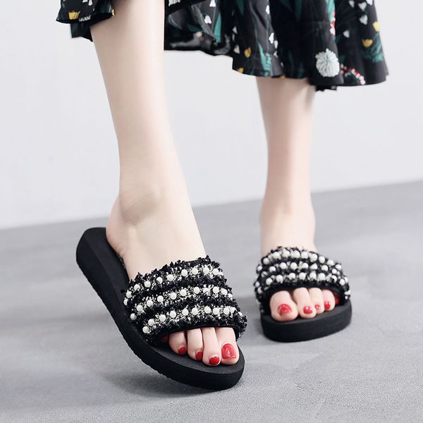 3cm heel colored pearl women slippers flat bottom flip flops seaside holiday beach shoes outside non-slip slides flower slipper, Black
3cm heel colored pearl women slippers flat bottom flip flops seaside holiday beach shoes outside non-slip slides flower slipper, Black