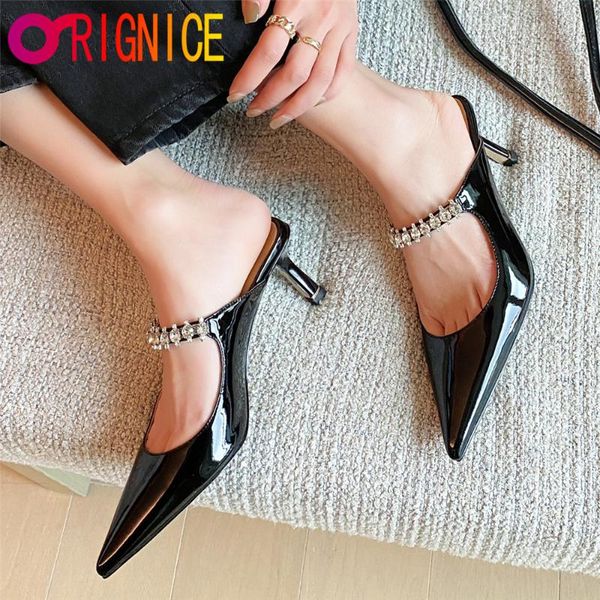 dress shoes orignice pointed toe women genuine leather mules fashion crystal thin heels slip on solid color party shoe size 34-40, Black
dress shoes orignice pointed toe women genuine leather mules fashion crystal thin heels slip on solid color party shoe size 34-40, Black