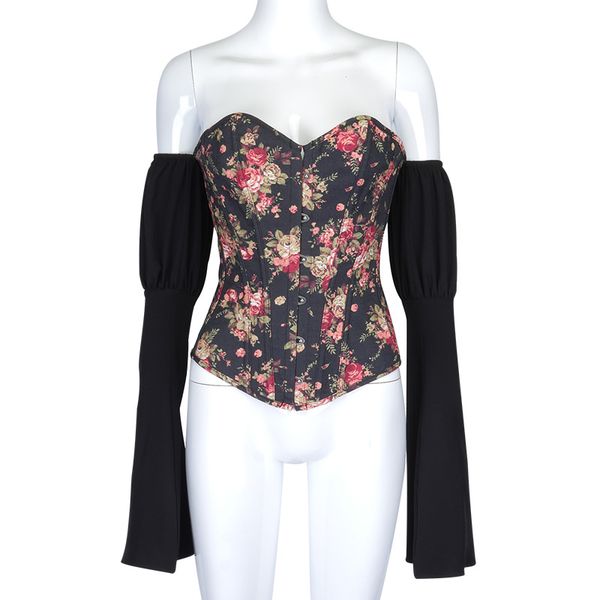 off shoulder backless lace up bustier corset women floral print hooks shirts flare long sleeve top, White
off shoulder backless lace up bustier corset women floral print hooks shirts flare long sleeve top, White