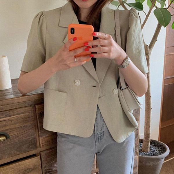 women's suits & blazers ly varey lin summer women vintage suit collar puff sleeve short office lady loose double breasted cotton linen, White;black 
women's suits & blazers ly varey lin summer women vintage suit collar puff sleeve short office lady loose double breasted cotton linen, White;black