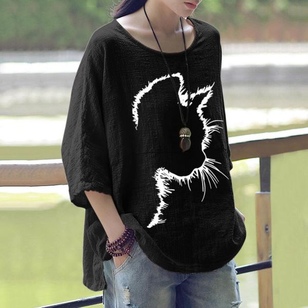 women's blouses & shirts summer cotton linen casual fashion cute cat print o-neck three-quarter sleeve et chemises 2021, White
women's blouses & shirts summer cotton linen casual fashion cute cat print o-neck three-quarter sleeve et chemises 2021, White