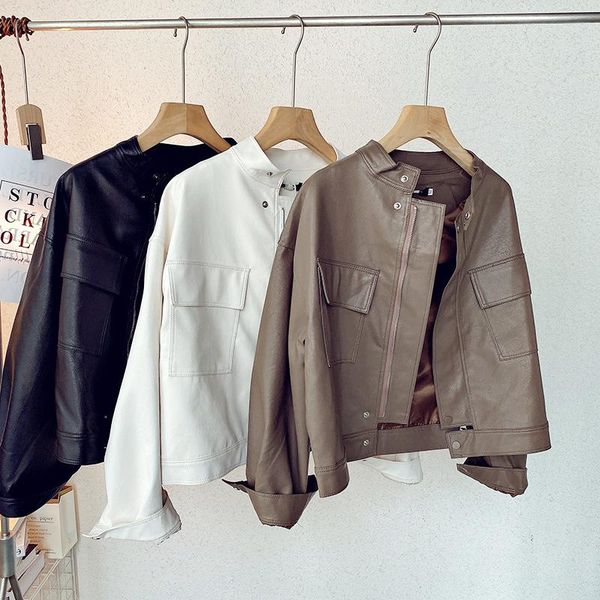 women's jackets loose vintage pu coats women korean style solid streetwear zipper pockets design stand collar female harajuku, Black;brown
women's jackets loose vintage pu coats women korean style solid streetwear zipper pockets design stand collar female harajuku, Black;brown
