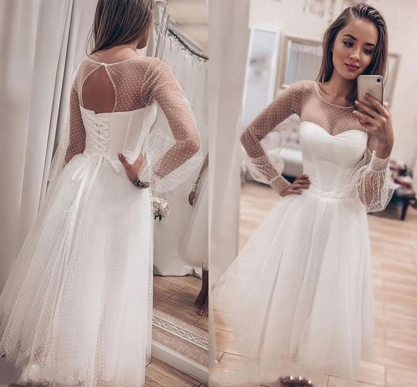 2021 short beach wedding dresses long poet sleeves tea length scoop neck dotted tulle custom made wedding gown plus size vestido de novia, White
2021 short beach wedding dresses long poet sleeves tea length scoop neck dotted tulle custom made wedding gown plus size vestido de novia, White