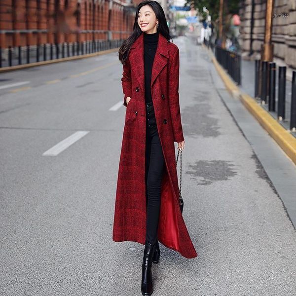 women's wool & blends women long plaid trench coat 2021 autumn winter double breasted warm woolen belt female vintage slim overcoat, Black
women's wool & blends women long plaid trench coat 2021 autumn winter double breasted warm woolen belt female vintage slim overcoat, Black