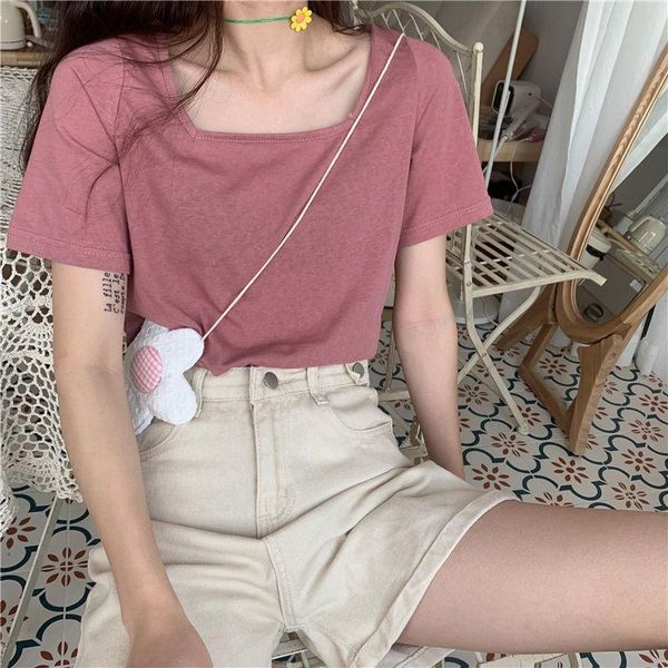 women's t-shirt short sleeve female student korean loose square collar solid color ins fashion 2021 slim top, White
women's t-shirt short sleeve female student korean loose square collar solid color ins fashion 2021 slim top, White