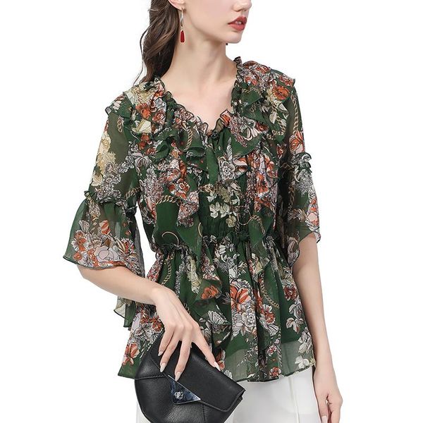 women's blouses & shirts summer flowers printing green chiffon blouse women ruffles v-neck short sleeve stretch waist female casual off, White
women's blouses & shirts summer flowers printing green chiffon blouse women ruffles v-neck short sleeve stretch waist female casual off, White