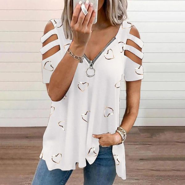 women's t-shirt heart print zipper casual t shirt v neck loose short sleeve fold hollow out summer fashion plus size clothing, White
women's t-shirt heart print zipper casual t shirt v neck loose short sleeve fold hollow out summer fashion plus size clothing, White