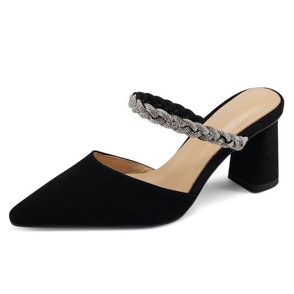 sandals summer ladies high heel shoes pointed toe real leather thick chic rhinestone shallow pumps female slides, Black
sandals summer ladies high heel shoes pointed toe real leather thick chic rhinestone shallow pumps female slides, Black