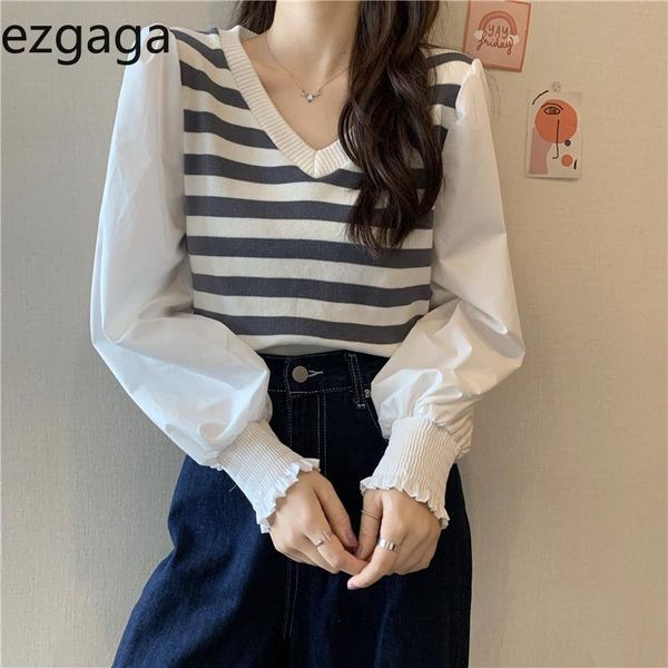 women's blouses & shirts ezgaga patchwork striped blouse women v-neck puff long sleeve 2021 autumn ladies korean chic all-match casual, White
women's blouses & shirts ezgaga patchwork striped blouse women v-neck puff long sleeve 2021 autumn ladies korean chic all-match casual, White