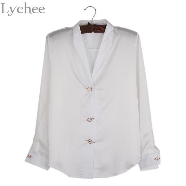 women's blouses & shirts lychee elegant spring autumn women blouse metal buckle satin v neck casual loose long sleeve shirt, White
women's blouses & shirts lychee elegant spring autumn women blouse metal buckle satin v neck casual loose long sleeve shirt, White