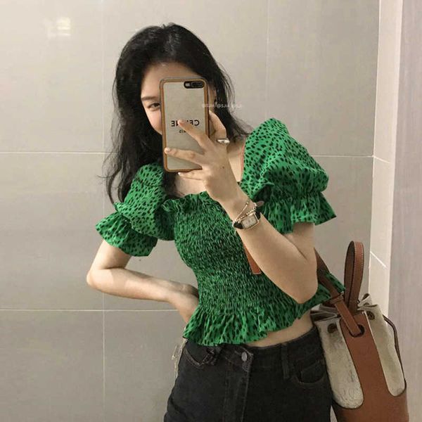 vintage elastic high waist square neck green leopard blouse women summer puff short sleeve crop fashion chic blusas 210610, White
vintage elastic high waist square neck green leopard blouse women summer puff short sleeve crop fashion chic blusas 210610, White