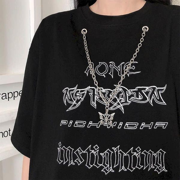 women's t-shirt summer korean dark gothic short-sleeved chain pendant men women loose punk lovers harajuku niche design high street top, White
women's t-shirt summer korean dark gothic short-sleeved chain pendant men women loose punk lovers harajuku niche design high street top, White