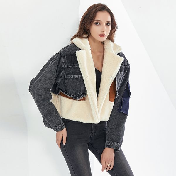 patchwork lambswool jackets for women lapel long sleeve short denim thick loose coats female 2020 fashion clothing, Black;brown
patchwork lambswool jackets for women lapel long sleeve short denim thick loose coats female 2020 fashion clothing, Black;brown