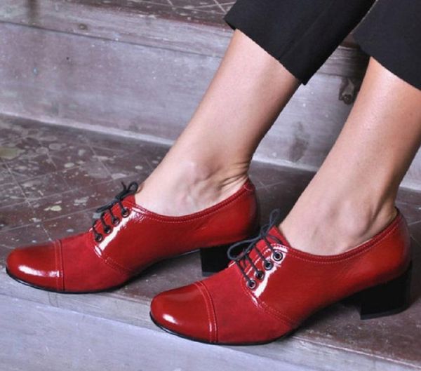 dress shoes women patent leather round toe pumps spring autumn fashion lace up mid heels office british style red zapatos mujer, Black