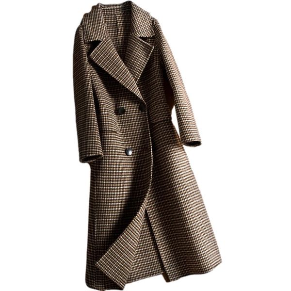 women's wool & blends autumn winter thick houndstooth double breasted long double-sided coat women outwear elegant office lady jacket f, Black
women's wool & blends autumn winter thick houndstooth double breasted long double-sided coat women outwear elegant office lady jacket f, Black