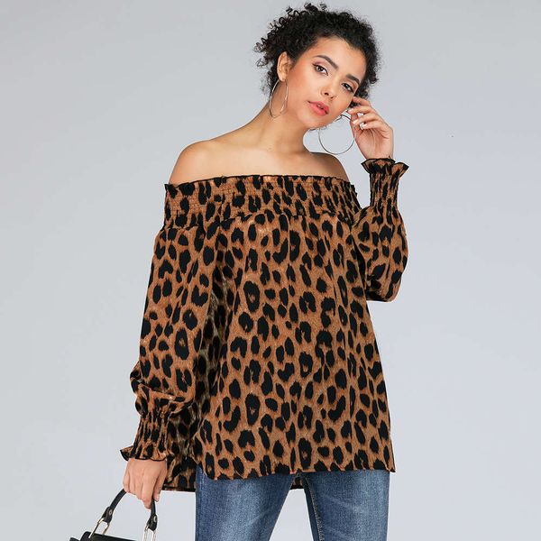 new smock leopard line off shoulder lantern long sleeve women's t-shirt jr2042, White 
new smock leopard line off shoulder lantern long sleeve women's t-shirt jr2042, White