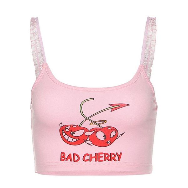 women spaghetti strap ruffles crop bad cherry print backless camisole, White