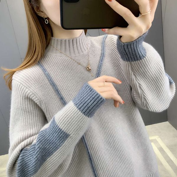 color contrast semi turtleneck women's loose korean version thickened 2021 new foreign style knitted bottom coat, White;black
color contrast semi turtleneck women's loose korean version thickened 2021 new foreign style knitted bottom coat, White;black