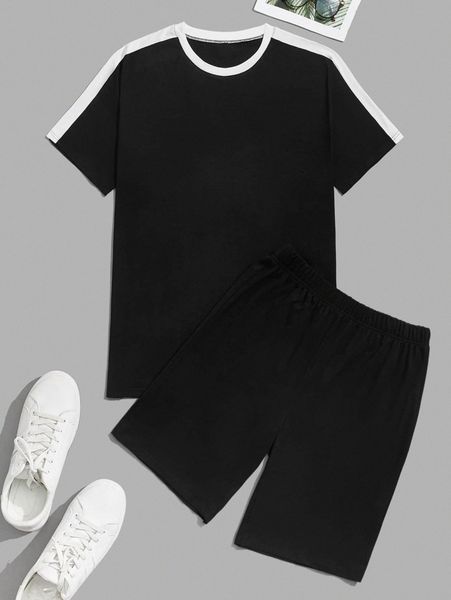men contrast trim tee & shorts pj set z26a#, Black;brown
men contrast trim tee & shorts pj set z26a#, Black;brown