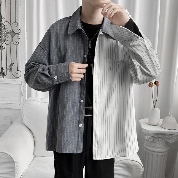 men's casual shirts men clothing 2021 trendy asymmetric long-sleeved striped shirt male ins stitching handsome loose design, White;black
men's casual shirts men clothing 2021 trendy asymmetric long-sleeved striped shirt male ins stitching handsome loose design, White;black