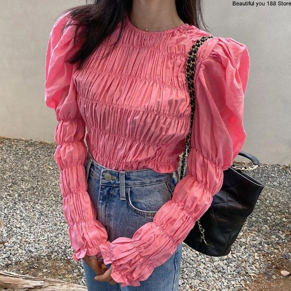 women's blouses & shirts south korea gate autumn winter 2021 round neck elastic and pleated heavy industry layer by design top, White 
women's blouses & shirts south korea gate autumn winter 2021 round neck elastic and pleated heavy industry layer by design top, White