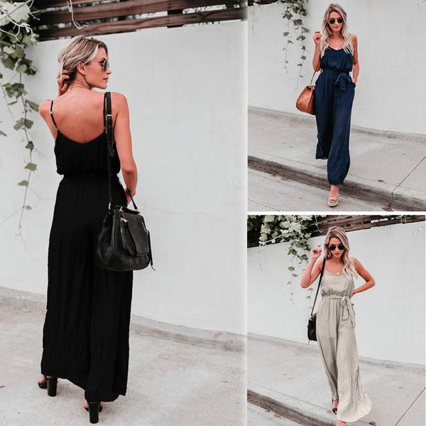 women's jumpsuits & rompers sling straps, loose back solid colour pants wiwomen backless long camisole elastic waist jumpsuit with belt, Black;white