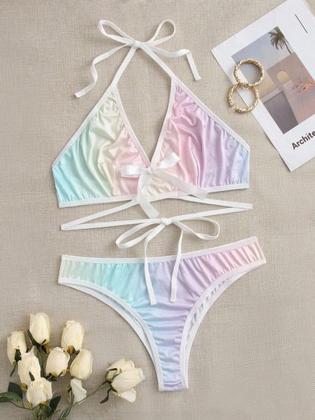 plus ombre bow decor halter lingerie set y0hl#, Black;white 
plus ombre bow decor halter lingerie set y0hl#, Black;white