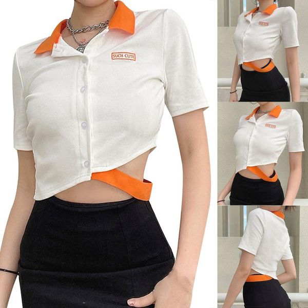 women's t-shirt letter embroidery cutout t-shirts women button down crop female short sleeve lapel collar tee, White
women's t-shirt letter embroidery cutout t-shirts women button down crop female short sleeve lapel collar tee, White