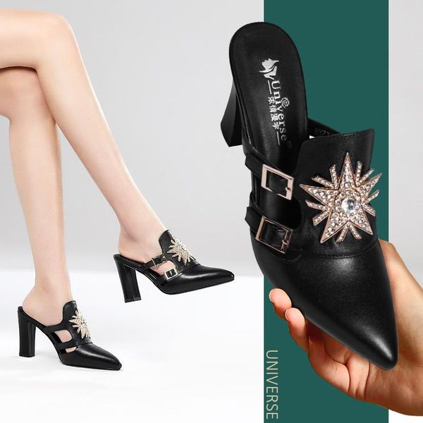 slippers universe h049 myrh style rhinestone buckle strap napa genuine cow leather comfy thick high heels women ladies mules, Black
slippers universe h049 myrh style rhinestone buckle strap napa genuine cow leather comfy thick high heels women ladies mules, Black
