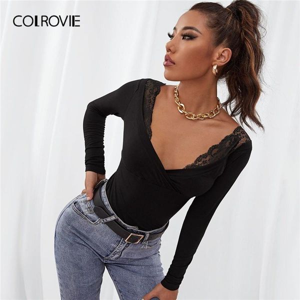 women's t-shirt colrovie black lace panel surplice front tee women autumn deep v neck long sleeve tshirts solid slim fit elegant, White
women's t-shirt colrovie black lace panel surplice front tee women autumn deep v neck long sleeve tshirts solid slim fit elegant, White