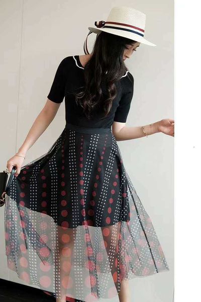 two piece dress ladies skirt quality women's summer suit black knitted +polka dot print high waist mid-calf skirt set c zcww, White
two piece dress ladies skirt quality women's summer suit black knitted +polka dot print high waist mid-calf skirt set c zcww, White