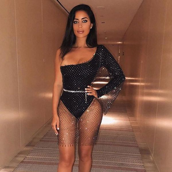 casual dresses shiny rhinestone see through mini dress one full sleeve fishnet grid hollow out 2021 autumn lady fashion vestido, Black;gray
casual dresses shiny rhinestone see through mini dress one full sleeve fishnet grid hollow out 2021 autumn lady fashion vestido, Black;gray