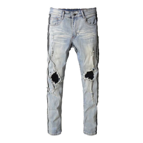 2021 new men's male trousers summer slim fit jeans knee holes beggar denim light-colored social guy pants fq86, Blue
2021 new men's male trousers summer slim fit jeans knee holes beggar denim light-colored social guy pants fq86, Blue