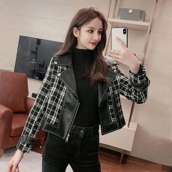 women's jackets tweed pu leather splicing short women jacket 2021 autumn small fragrance coat turn-down collar zipper trend lady korean, Black;brown
women's jackets tweed pu leather splicing short women jacket 2021 autumn small fragrance coat turn-down collar zipper trend lady korean, Black;brown