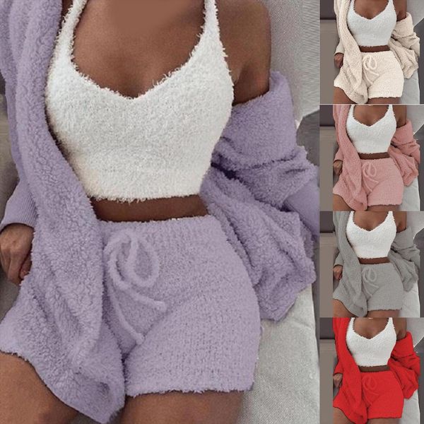 solid color 2 piece set womens pants outfits winter plush v neck vest shorts long sleeve jacket coat, White
solid color 2 piece set womens pants outfits winter plush v neck vest shorts long sleeve jacket coat, White