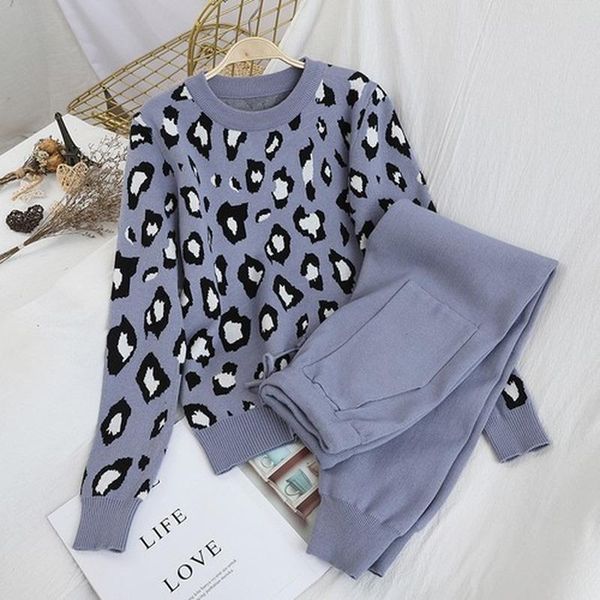 two piece dress fashion retro women knitted suits leopard long sleeve o-neck sweater + lace up waist pocket harem pants korean sets, White 
two piece dress fashion retro women knitted suits leopard long sleeve o-neck sweater + lace up waist pocket harem pants korean sets, White