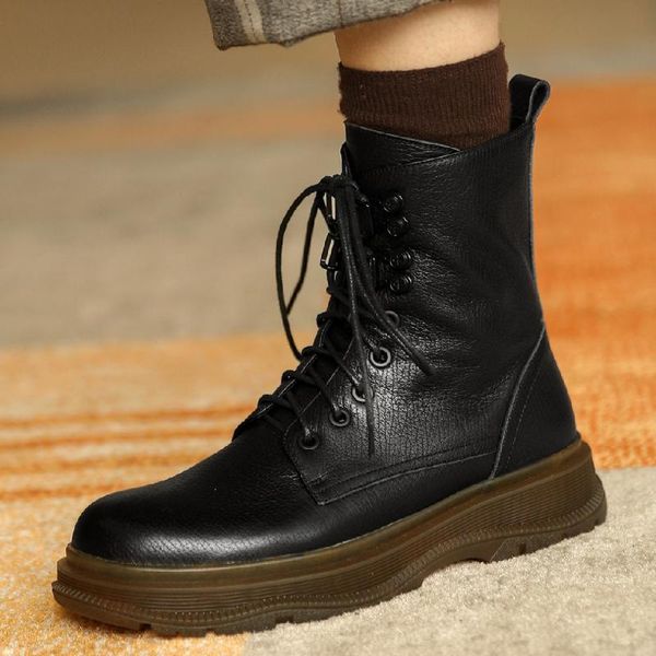 women's genuine leather thick sole platform flats autumn ankle boots round toe lace-up punk motorcycle boots short shoes, Black
women's genuine leather thick sole platform flats autumn ankle boots round toe lace-up punk motorcycle boots short shoes, Black