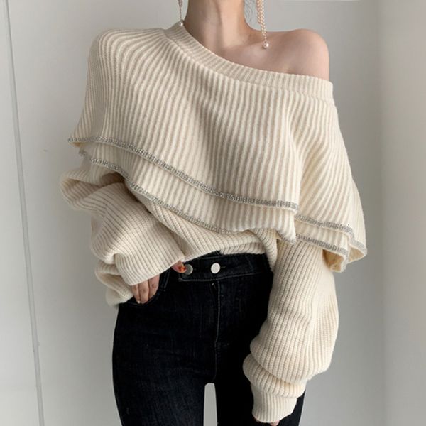 women's sweaters large, chic korean pullovers around the double-layer neck plied silk binding border bright loose design and versatile, White;black
women's sweaters large, chic korean pullovers around the double-layer neck plied silk binding border bright loose design and versatile, White;black