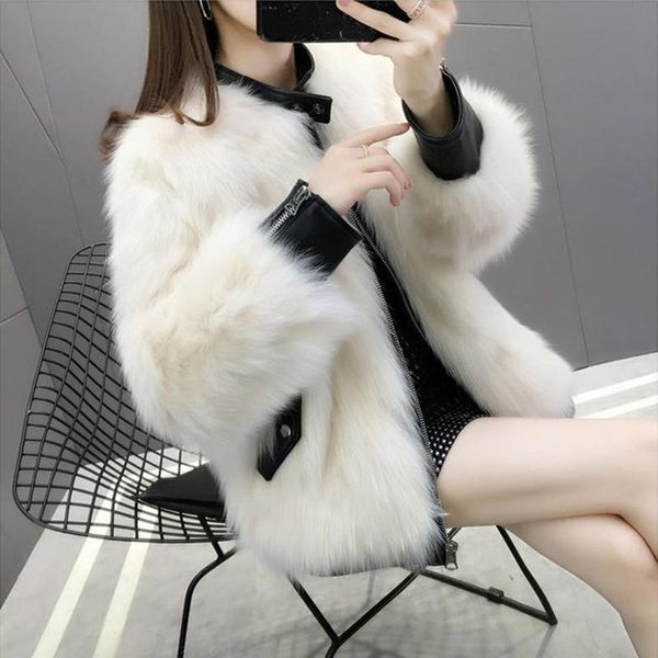 women's fur & faux coat pu leather splicing 2021 winter short korean thickened plush, Black
women's fur & faux coat pu leather splicing 2021 winter short korean thickened plush, Black