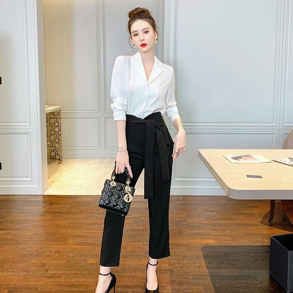 women's two piece pants fashion korean women casual vintage single breasted long sleeve shirt blouse belt black female 2 pieces set, White
women's two piece pants fashion korean women casual vintage single breasted long sleeve shirt blouse belt black female 2 pieces set, White