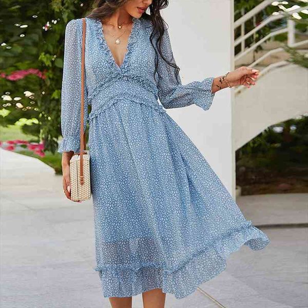deep v neck women dress elegant long sleeve bohemian spring summer dress print high waist ruffle a-line female midi, Black;gray 
deep v neck women dress elegant long sleeve bohemian spring summer dress print high waist ruffle a-line female midi, Black;gray