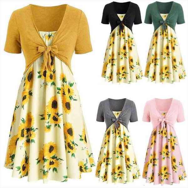 women sunflower print mini dress knotted short sleeve a line sling dress two piece casual party beach, Black
women sunflower print mini dress knotted short sleeve a line sling dress two piece casual party beach, Black