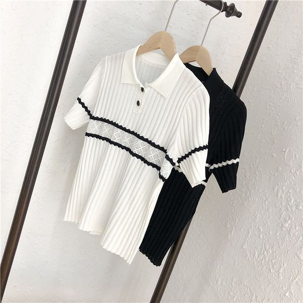 2020 summer new slim fit contrast daxiang lapel color matching hollow out short sleeve thin knitted top, White
2020 summer new slim fit contrast daxiang lapel color matching hollow out short sleeve thin knitted top, White
