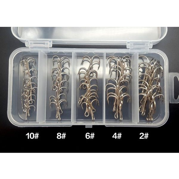 50pcs/lot treble fishing hook in storage box sharpened treble hook size 2/4/6/8/10 barbed fishhook silver color
50pcs/lot treble fishing hook in storage box sharpened treble hook size 2/4/6/8/10 barbed fishhook silver color