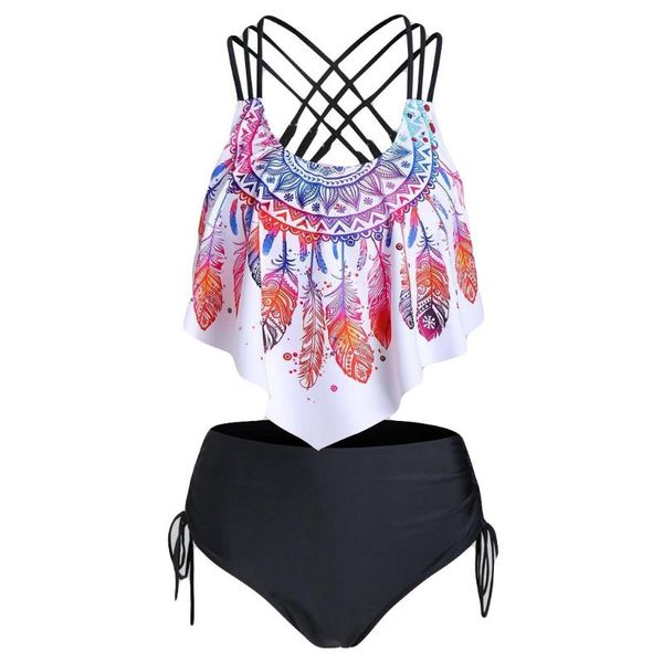 

women's swimwear 57# feather print women bikini set push-up padded overlay flounce crisscross tankini bathing suit swimsuit biquini 202, White;black